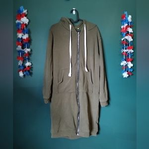 Green tunic-length zip-up hoodie sweatshirt